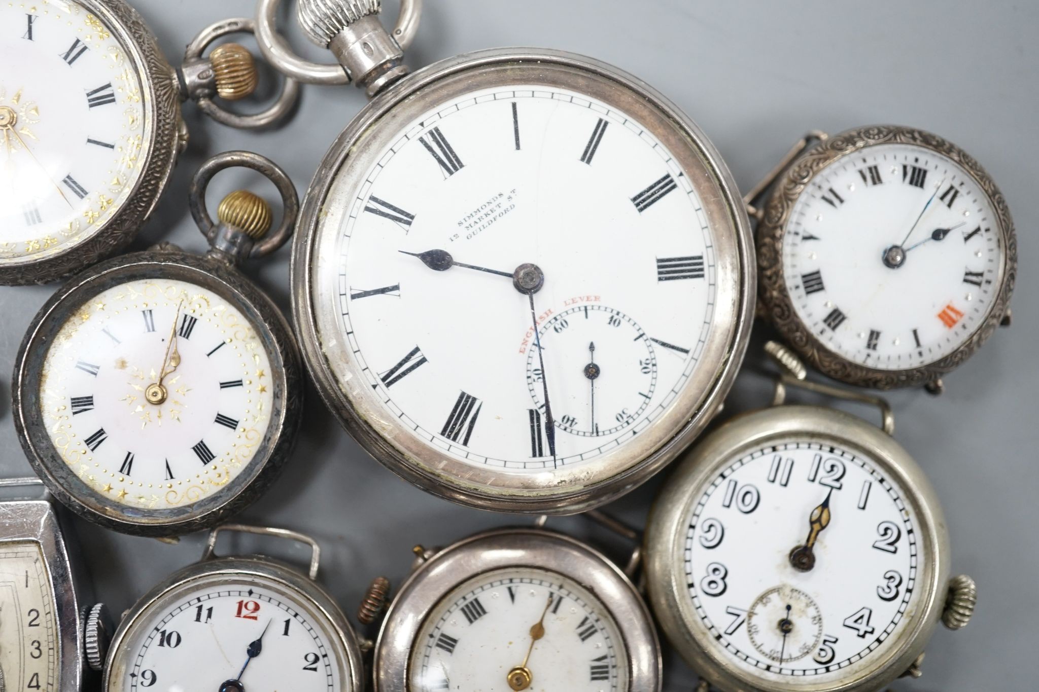 A George V silver open faced pocket watch, two silver or white metal fob watches and nine assorted mainly early 20th century wrist watches including silver.